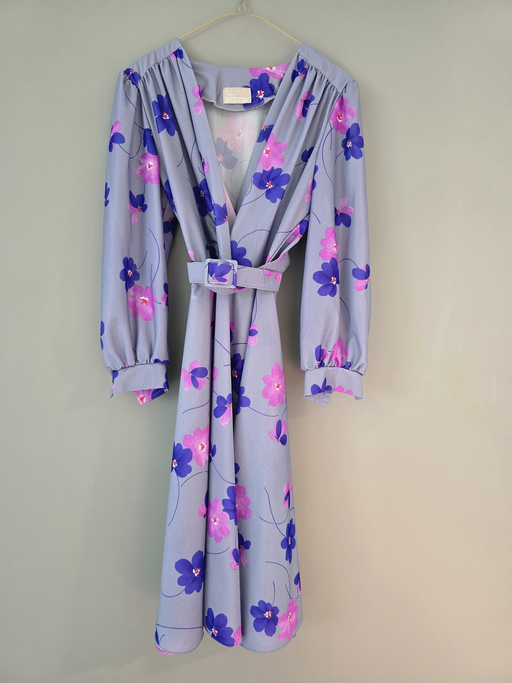 Vintage Sears Lavender Floral V-Neck Belted Midi Dress